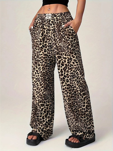 Women leopard wide leg pants - leg,