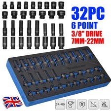 32pc 3/8" Dr 6 Point Deep & Shallow Impact Sockets Set 7mm-22mm In EVA Foam Tray