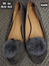6 -6.5 /39 shoes suede pom pom fluffy top flat ballet  loafers design grey