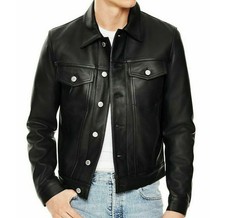 Men's Black Leather Trucker Jacket Pure Sheepskin Western Style Denim Jacket
