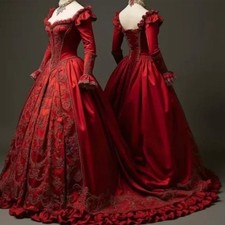 Vintage Victorian Red Prom Dresses Long Sleeves Baroque Rococo Evening Gowns