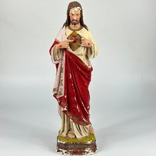 Antique French Religious Bleeding Heart Jesus, Large & Heavy Chalkware Figure