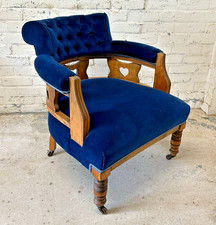 Antique Style Blue Velvet & Oak Captains Chair Tub Chair Armchair (Can Deliver)