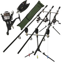 Complete Carp Fishing 3 x Rod and Reel Set Up With Pod Indicator And Bite Alarms