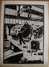 Ukrainian Soviet USSR Linocut socrealism steelworker figure foundry workshop