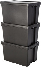 3 x Black Large Storage Boxes With Lids Heavy Duty Plastic Containers - 62 Litre