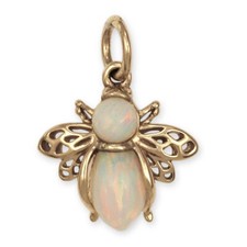 Solid 9ct Gold Small BEE Pendant Charm ~ Black or White Opal ~ Optional Necklace