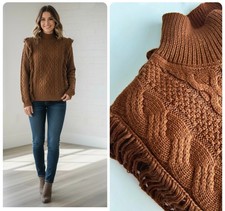 Ladies Marks Per U** Jumper Long Sleeved Wool Blend Cable Knit Fringe Detail NEW