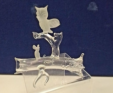 Glass Sculpture Owl And Mouse On Log 4.5 Inches