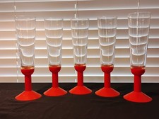 Set Of Five Bodum For MoMA Oktett Champagne Glasses Red Plastic Stem 9-1/2" Tall