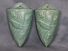 Pair 1930s Lovatts Langley Ware Pottery Seagull Waves Wall Pocket Vase Green Gla