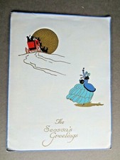 Vintage CHRISTMAS Card Crinoline Lady Waving to Stagecoach ART DECO 1930s