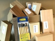 Wood Carving Gift Set 6 Chisels and 10 Mixed Timber Blanks Selection Lime Walnut