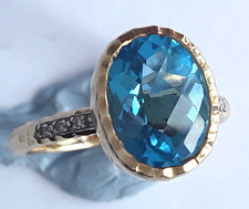 9ct Yellow Gold Hammered Effect Blue Topaz Ring Diamond Set Shoulders Size L