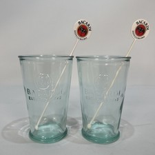 2 x Vintage Promotional Bacardi Rum Embossed Green Tinged Glass 300ml Tumblers