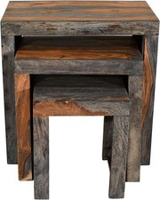 Space Saving Nesting End Tables Solid Sheesham Wood Dark Stain Cube Set of 3