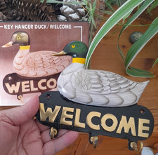 vintage Brass Duck Key Holder Welcome wall mounted painted Mallard farmhouse