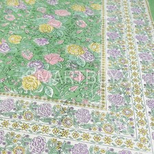 Indian Block Printed Rose Print On Green Table Cloths Rectangular 100% Cotton