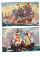 X2 1215 KING JOHN 1501 NAVY SHIPS FIGHTING THE SPANIARDS G &P VINTAGE POSTCARDS