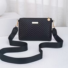 Stylish Black Quilted Design Crossbody Bag / Shoulder Purse / Gold Details