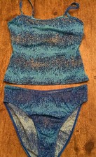 Ladies Size 16 2 Piece Tankini Swim Suit Blue/Gold Underwired Preowned