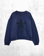 Women’s HUSH Sweatshirt Blue MEtalic Cotton Long Sleeve Roxy Star Crew Neck