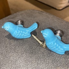 2 X Ceramic Bird Door Handles/ Knobs In Blue 