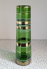 50s Vintage Czech Borske Sklo Union Tall Green Gold White Striped Art Glass Vase