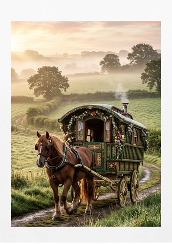 Misty morning gypsy wagon - gypsy,
