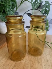 Vintage Retro Amber Glass Lidded Storage Jar Set of 2