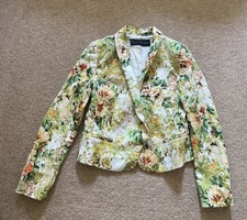 Zara Woman Floral Jacket Blazer L 12 Green Yellow Party Holiday Cotton Tropical