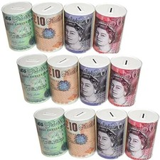 Notes Design Money Saving Tin, Metal Piggy Bank Tinplate, Multi-Colour 12 Pack 