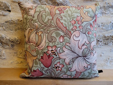 William Morris Golden Lily green linen & coral Velvet Cushion Cover Sanderson