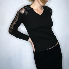 Derhy black wool blend rib knit jumper lace cutout & glitter sequin sleeves S