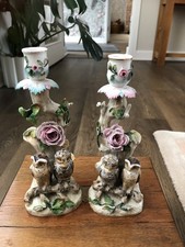 Antique Ernst Bohne Porcelain Owl Candlesticks - Late 19th Century - Stunning!