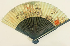Oriental Painted Hand Fan – Black Lacquer Bamboo Ribs – Birds & Floral Scene 