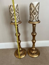 Pair of Large M & S Gold Ornate Candle Sticks With Candles