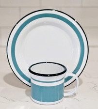 Fortnum & Mason Picnic Stripe Enamel Plate and Mug- Eau de Nil NWT