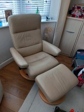 Stressless Revolving Leather Chair And Matching Stool. Colour Camel Wood Natural