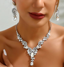 Women Trendy Necklace + Earrings Clear Crystal Wedding Party Bride Necklace Set