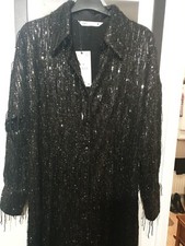 Zara Black Midi Shirt Dress With Sequins & Fringing Size L