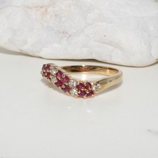 9ct Solid Yellow Gold Natural Ruby Genuine Diamond Grain Twist Ring Vintage