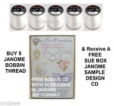 JANOME SEWING MACHINE BOBBIN THREAD x5 - 1000m WHITE Embroidery + FREE SUE BOX