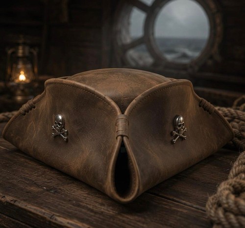 Brown leather tricorne pirate - brown,