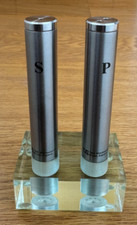 VINTAGE MCM MODERN T G WOODWARE STAINLESS SALT & PEPPER SHAKERS IN HOLDER