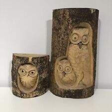 Wood Carved Owls Set Of 2 Wall Hanging Plaques Home Or Garden Sculpture Wooden