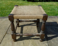 Vintage Oak Woven String Top Square Foot Stool Low Seat Turned Wood Plant Stand