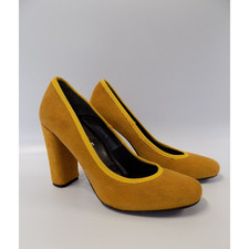 OFFICE London Yellow Block Heel Shoes Size 5 Womens Mustard Suede Leather Smart