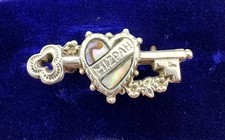 Antique Mizpah Sweetheart Brooch – Key ❤️, Abalone/Mother of Pearl Inlay –c.1900