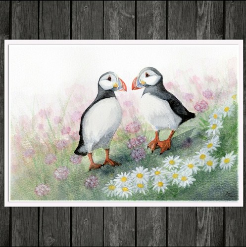 Puffins watercolour painting